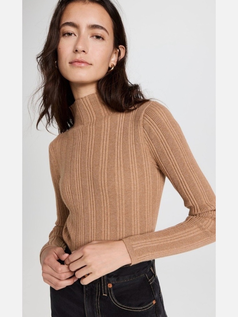 Madewell Leaton Mock Neck Ribbed Sweater Wool Cotton Blend Camel Women’s SMALL